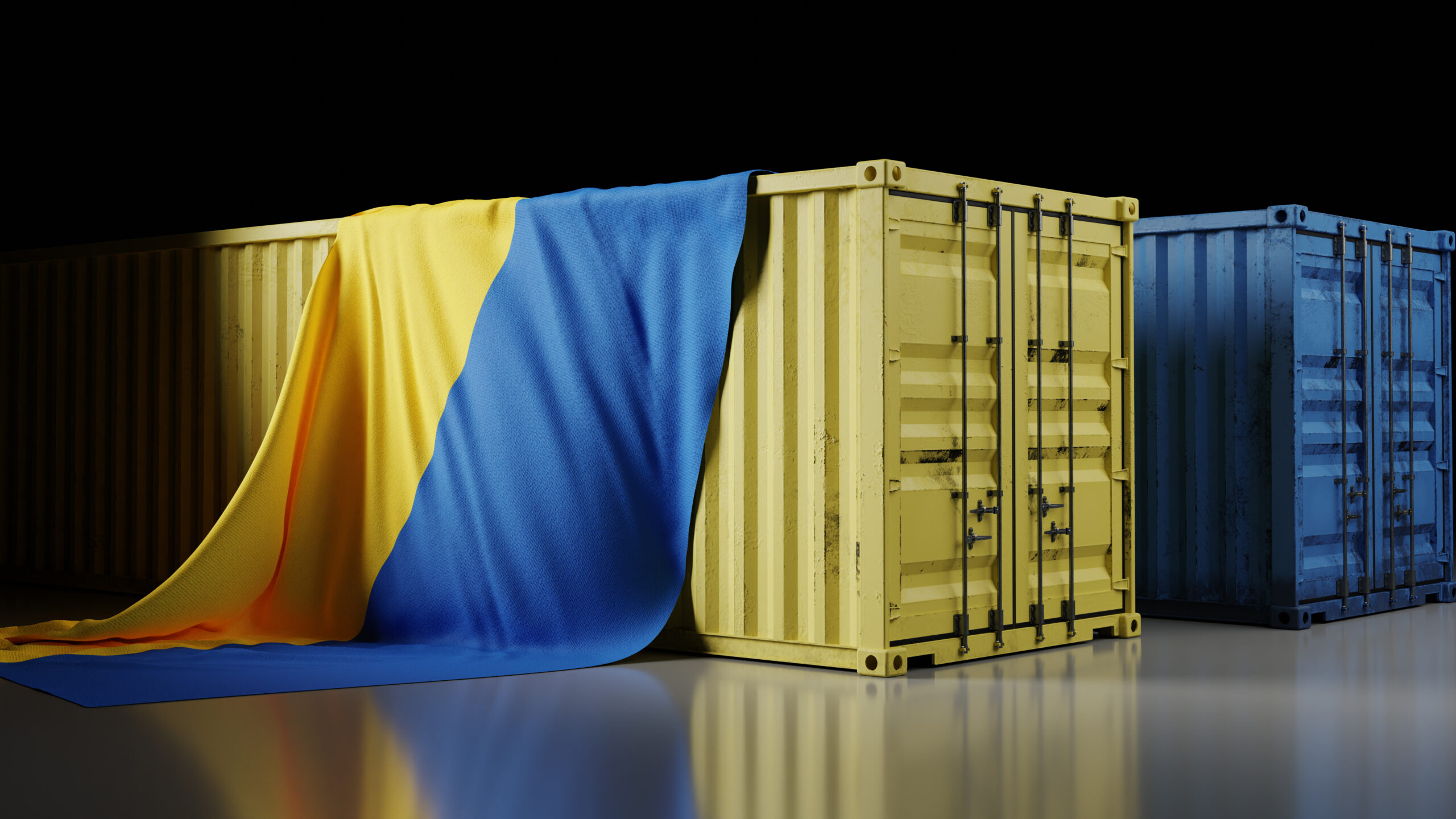 ukraine national flag and container box, 3d rendering